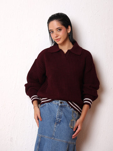 Kvetoo Women’s Johnny Collar Striped Hem Knitted Sweater