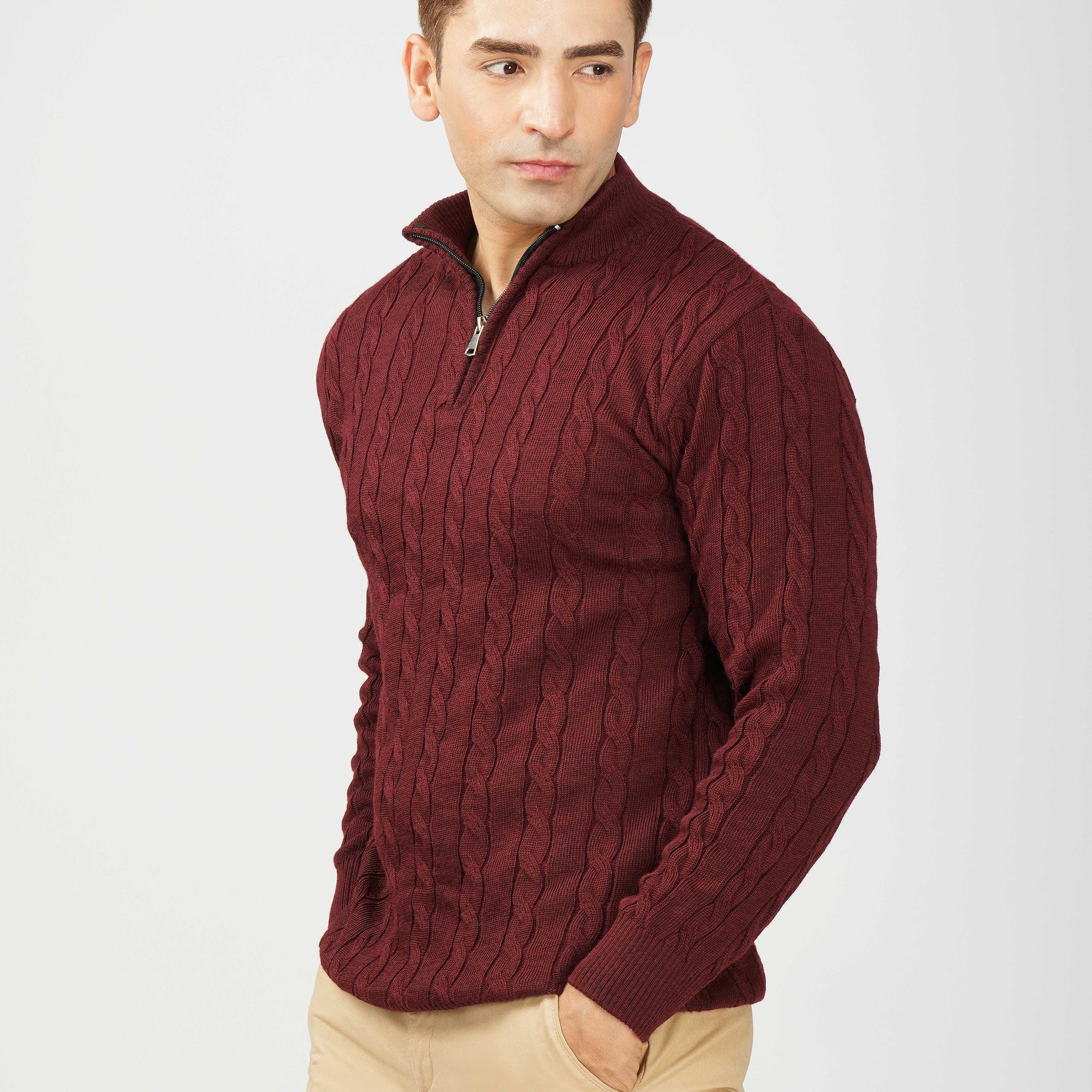 Kvetoo Men’s Woollen High Neck Sweater – Quarter Zip Cable Knit Winter Pullover