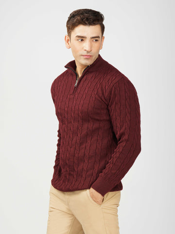 Kvetoo Men’s Woollen High Neck Sweater – Quarter Zip Cable Knit Winter Pullover