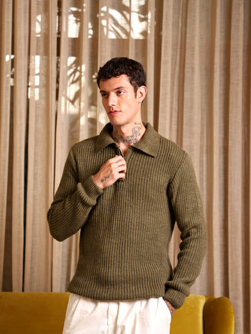 Kvetoo Men Chunky Knits Quarter Zip Sweater