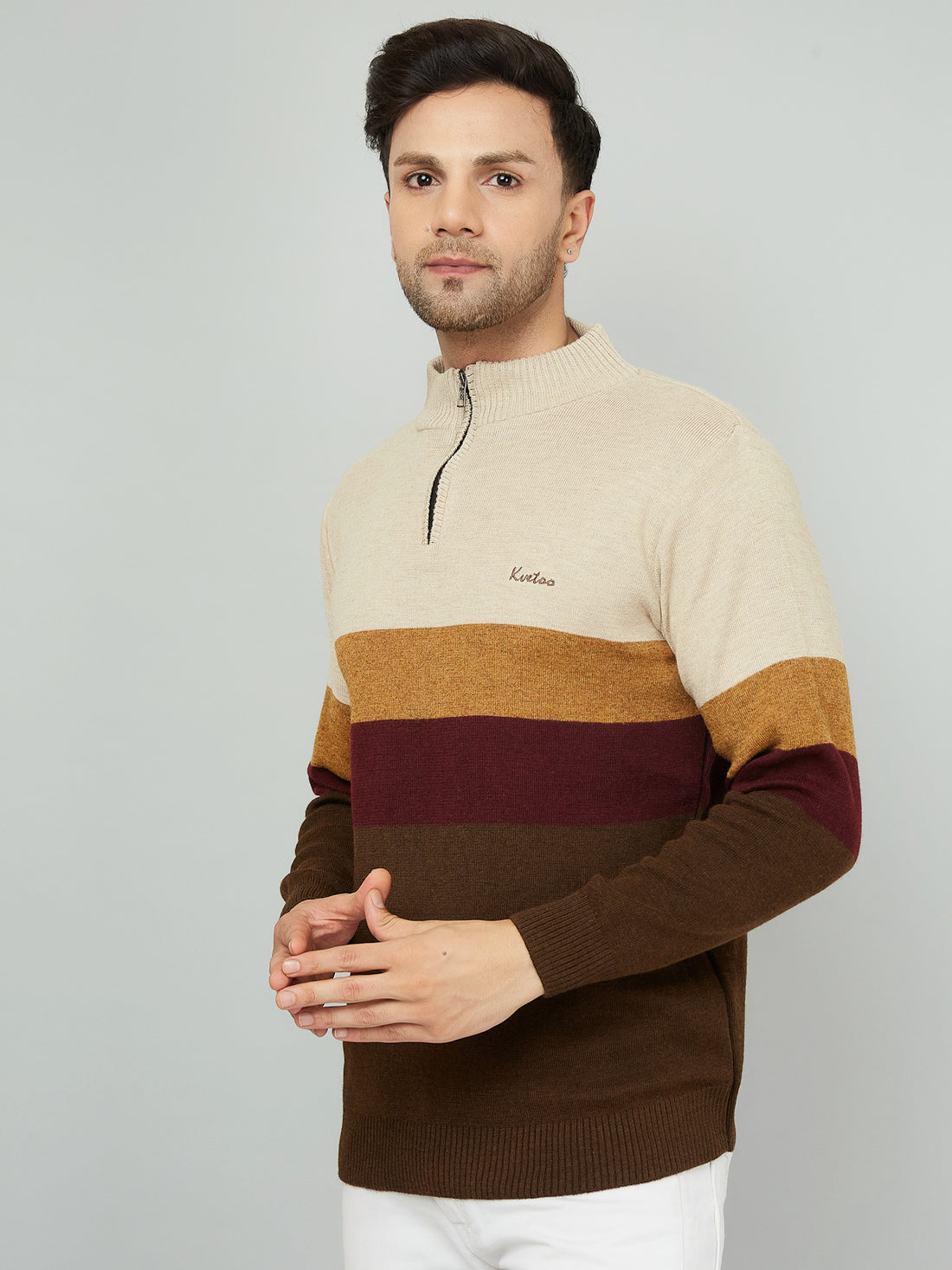 MENS HALF ZIPPER STRIPES SWEATER