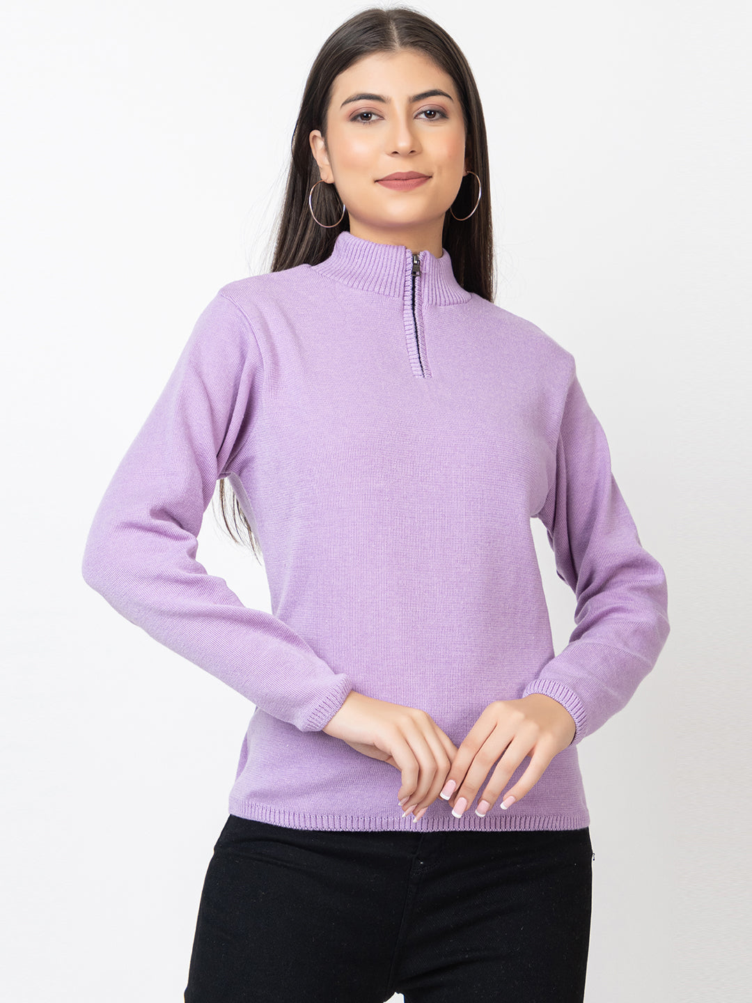 WOMEN HALF ZIPPER PLAIN SWEATER