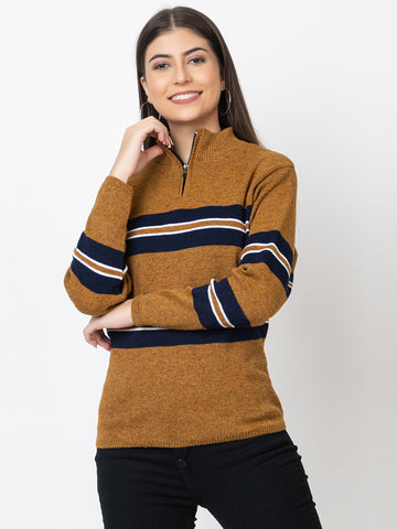 WOMEN HALF ZIPPER STRIPES SWEATER