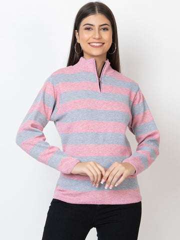 WOMEN HALF ZIPPER STRIPES SWEATER