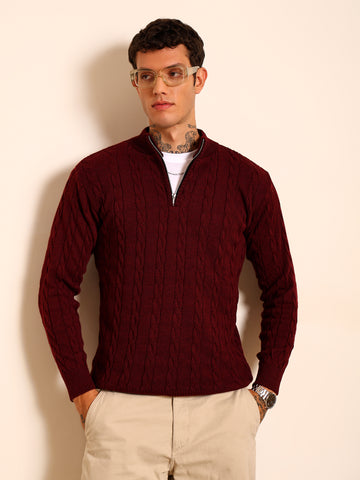 Kvetoo Men’s Woollen High Neck Sweater – Quarter Zip Cable Knit Winter Pullover