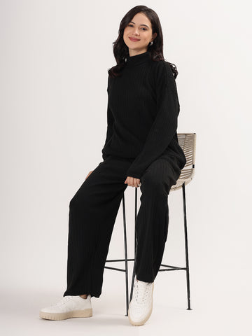 Kvetoo Women Woollen Co-ord Set – High Neck Ribbed Knit Sweater & Wide Leg Pants | Winter Warm Knitwear