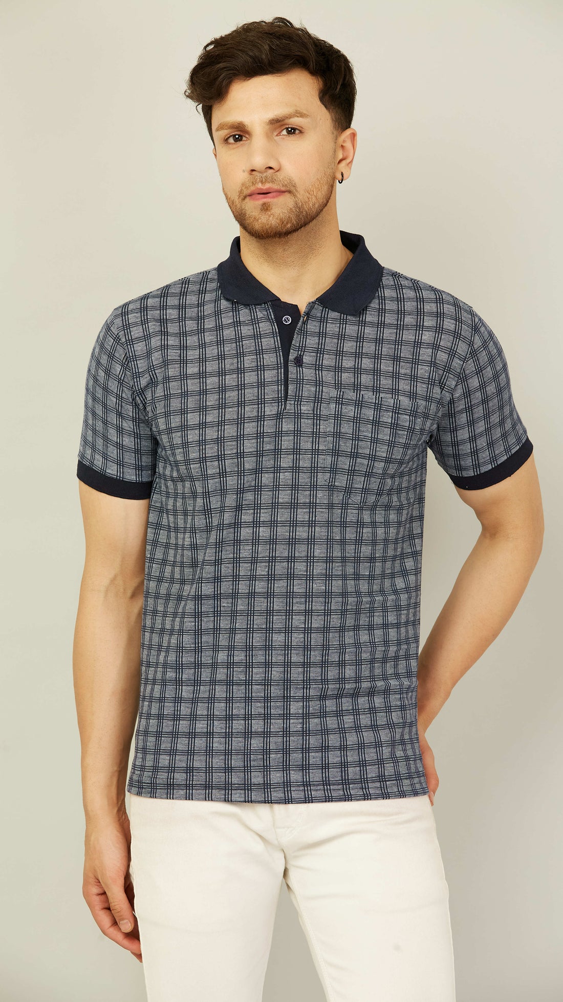 Kvetoo Men Check Collar T-Shirt (With Pocket)