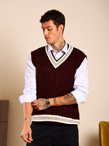Kvetoo Men Half Sleeves Cable Knit Sweater