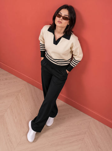 Kvetoo Women Johnny Collar Stripes Cord Set