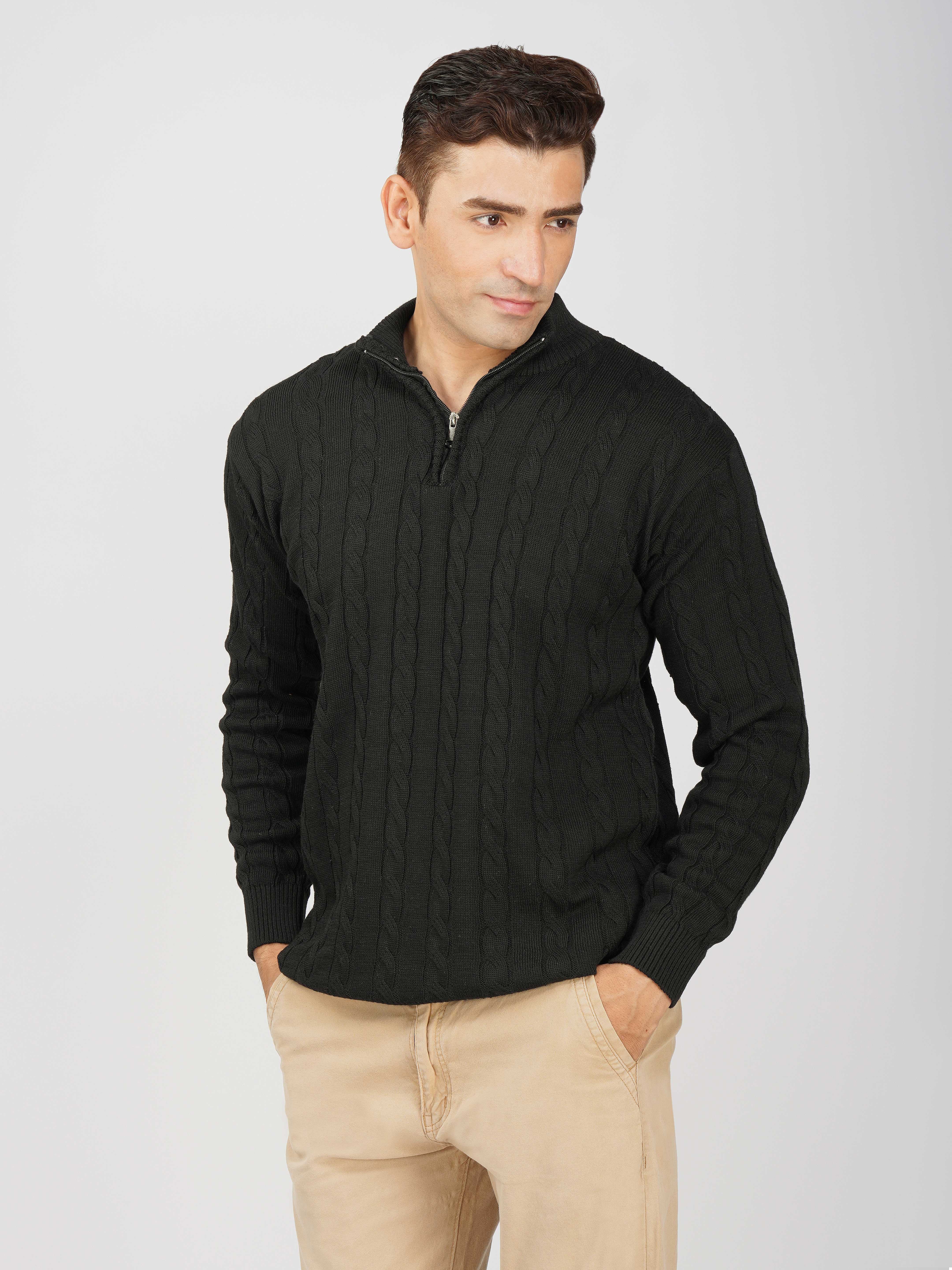 Kvetoo Men's Woollen High Neck Sweater – Quarter Zip Cable Knit Winter