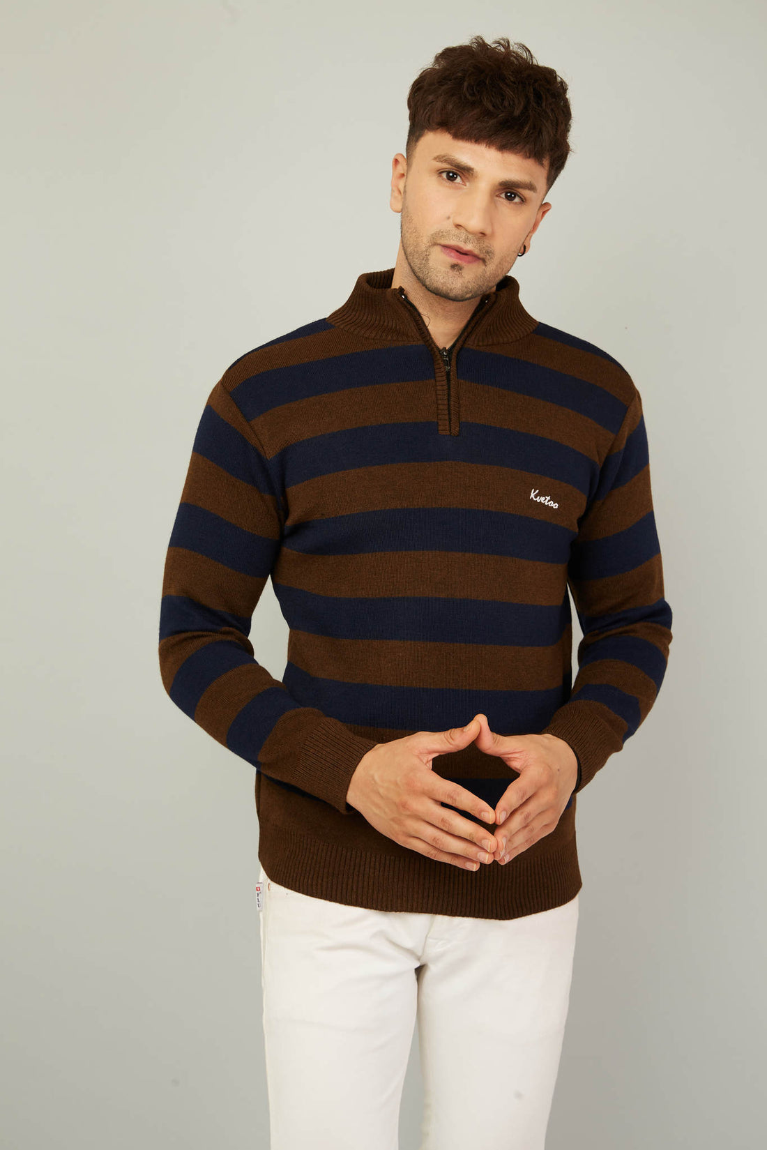 MENS HALF ZIPPER STRIPES SWEATER