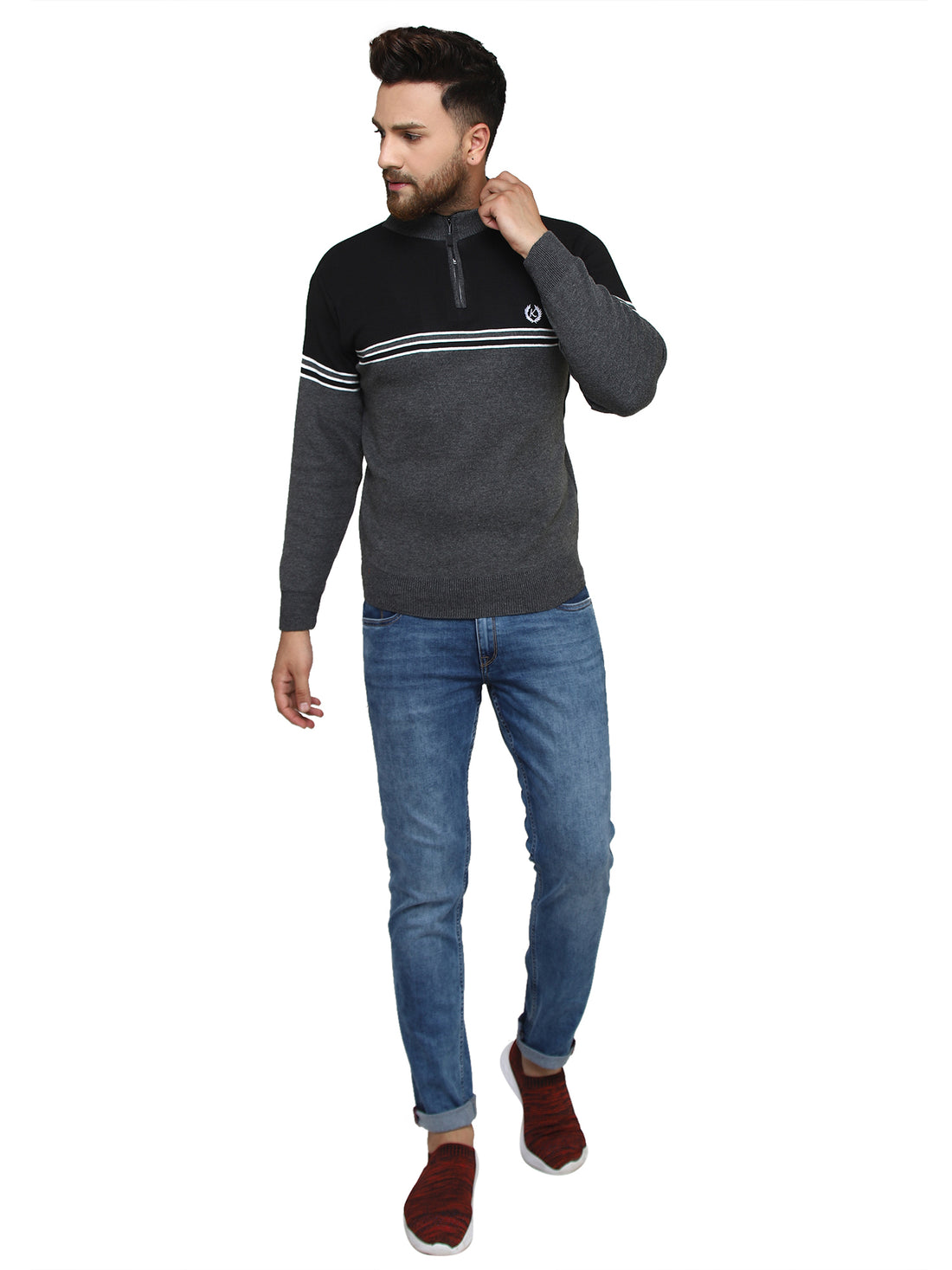 MENS HALF ZIPPER STRIPES SWEATER