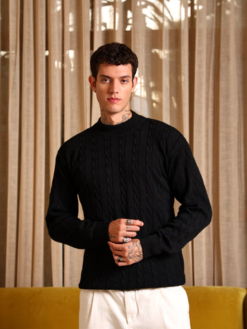 Kvetoo Men’s High Neck Cable Knit Sweater – Premium Knitted Winter Pullover for Men
