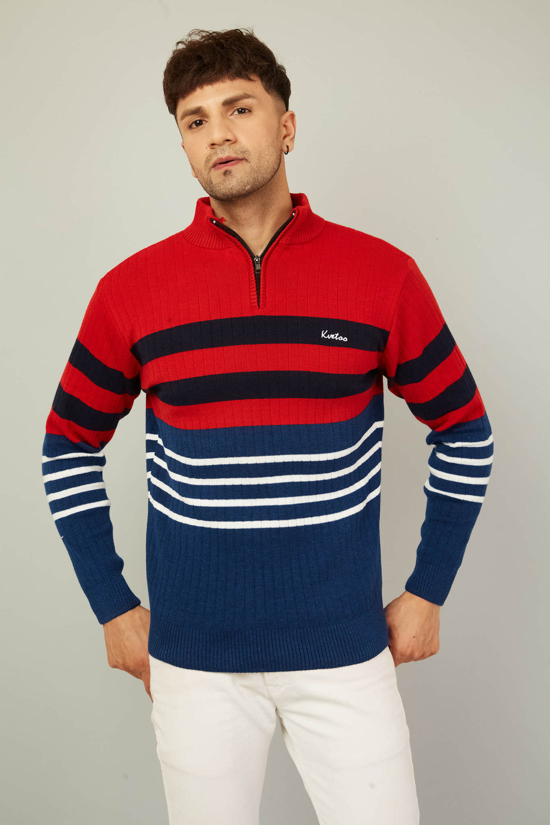 MENS HALF ZIPPER STRIPES SWEATER