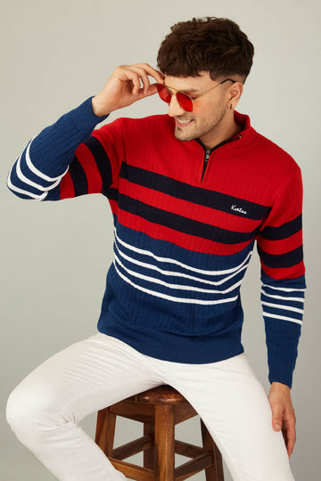 MENS HALF ZIPPER STRIPES SWEATER