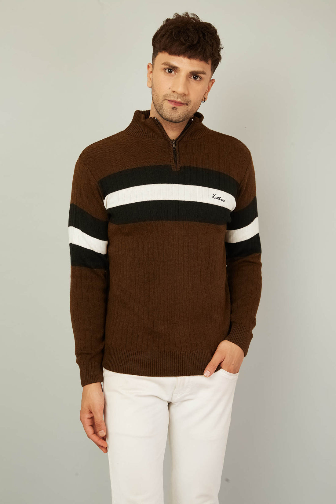 MENS HALF ZIPPER STRIPES SWEATER