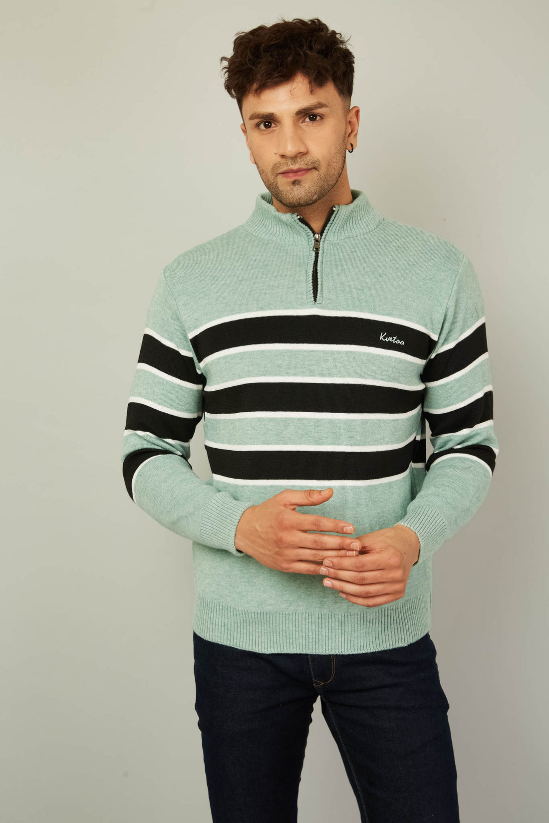 MENS HALF ZIPPER STRIPES SWEATER