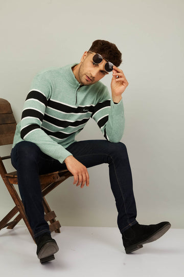 MENS HALF ZIPPER STRIPES SWEATER