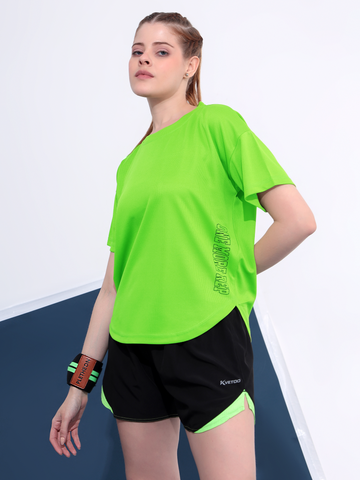Kvetoo Women Neon Green Apple Cut Top