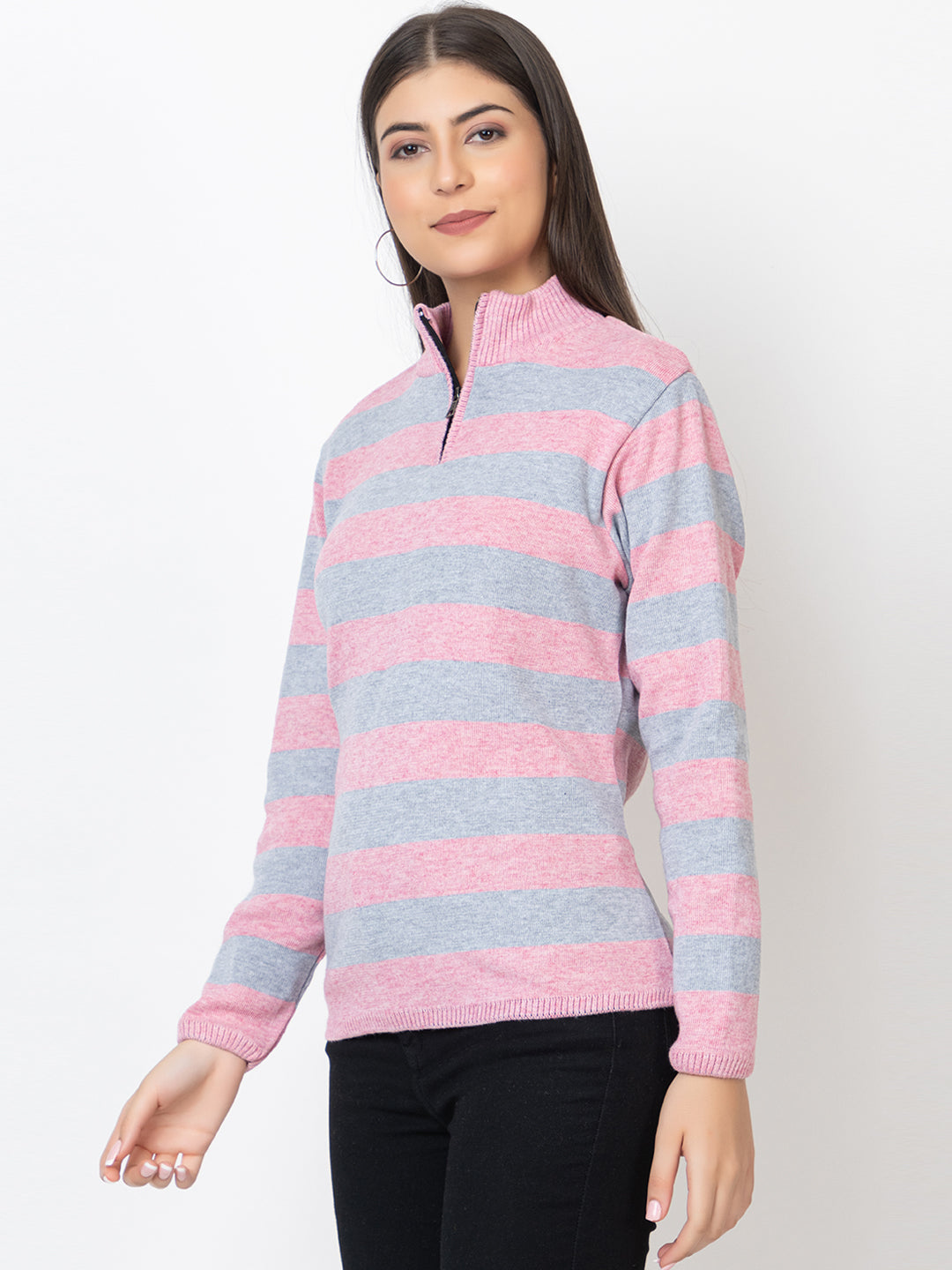 WOMEN HALF ZIPPER STRIPES SWEATER