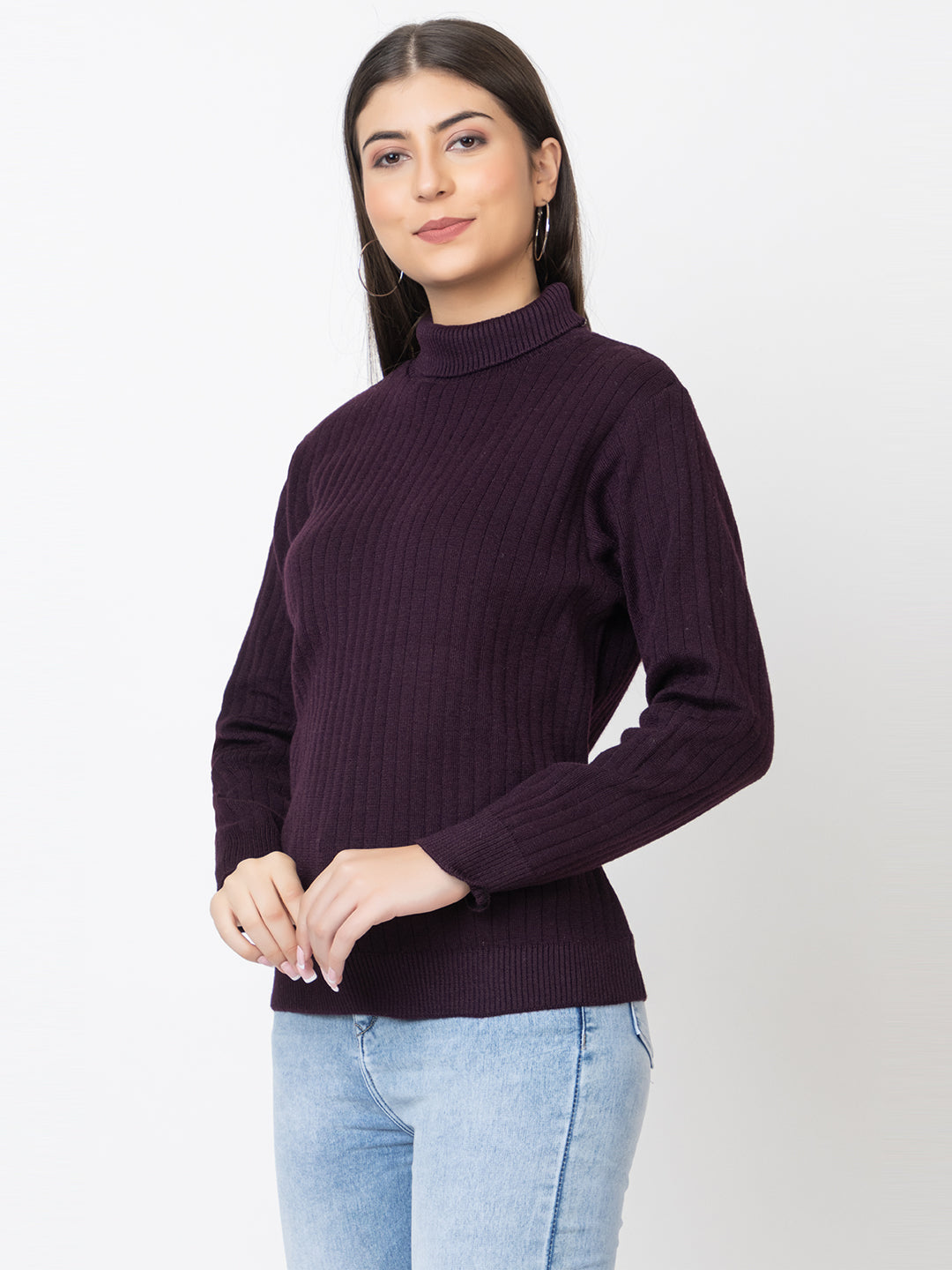 WOMEN HIGH NECK PLAIN SWEATER