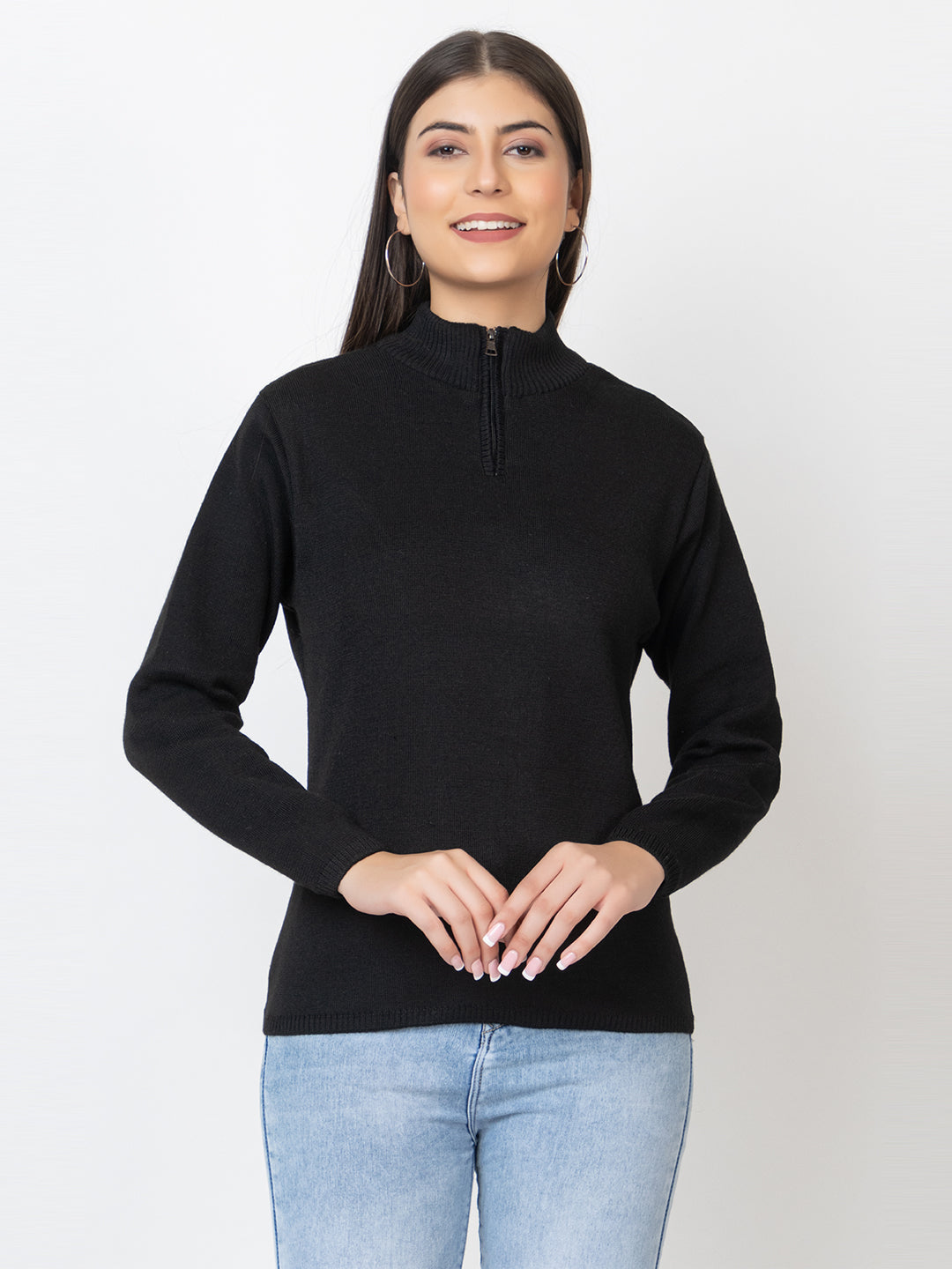 WOMEN HALF ZIPPER PLAIN SWEATER