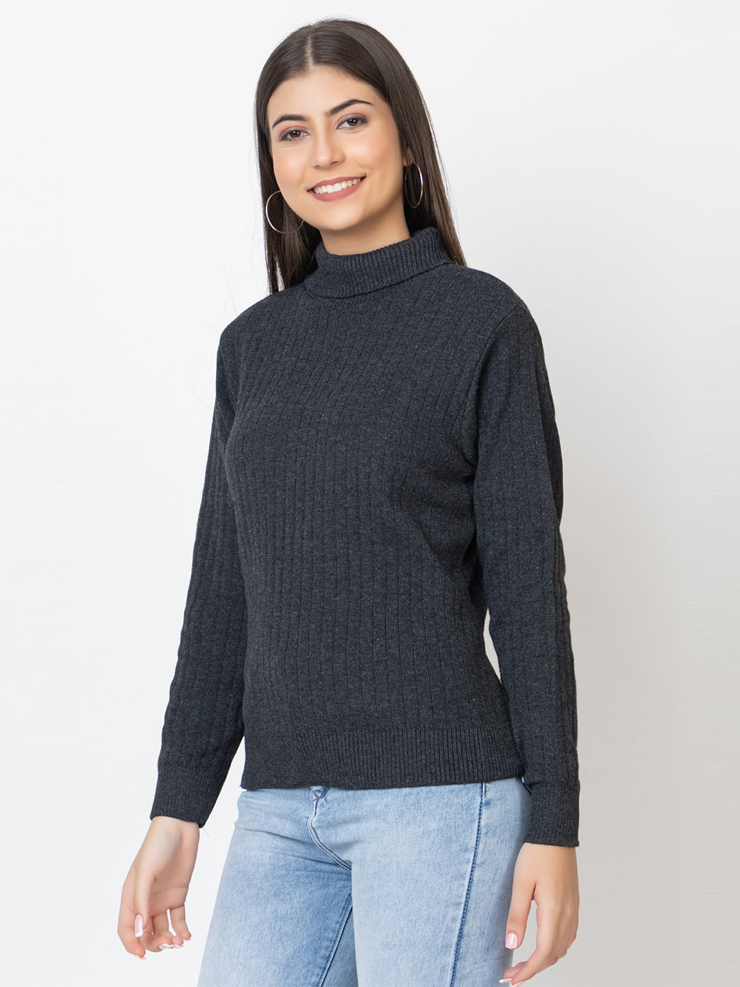 WOMEN HIGH NECK PLAIN SWEATER