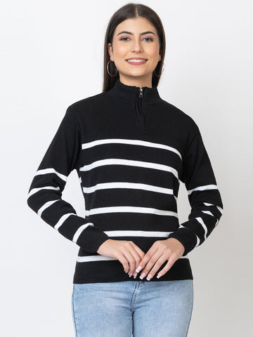 Women Half Zipper Stripes