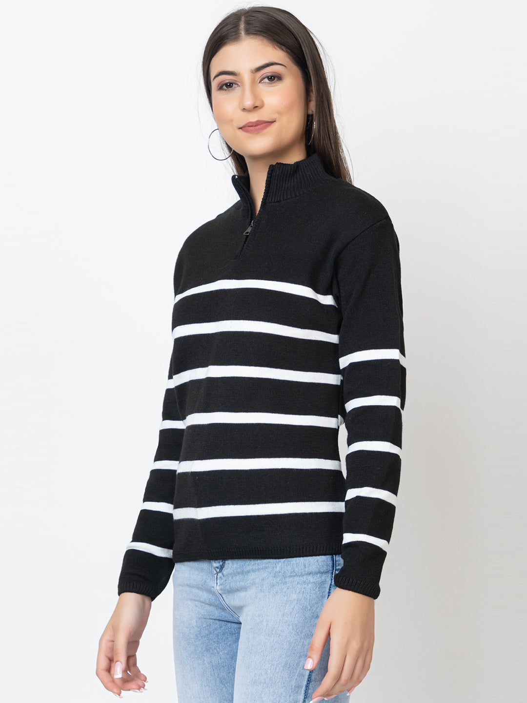 WOMEN HALF ZIPPER STRIPES SWEATER