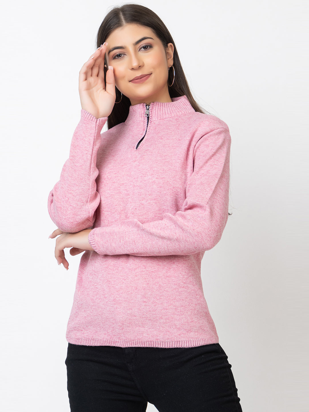 WOMEN HALF ZIPPER PLAIN SWEATER