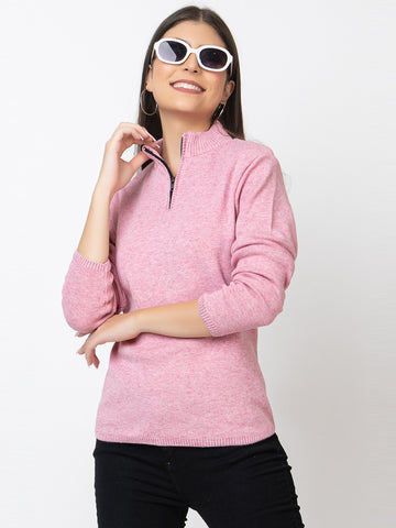 WOMEN HALF ZIPPER PLAIN SWEATER