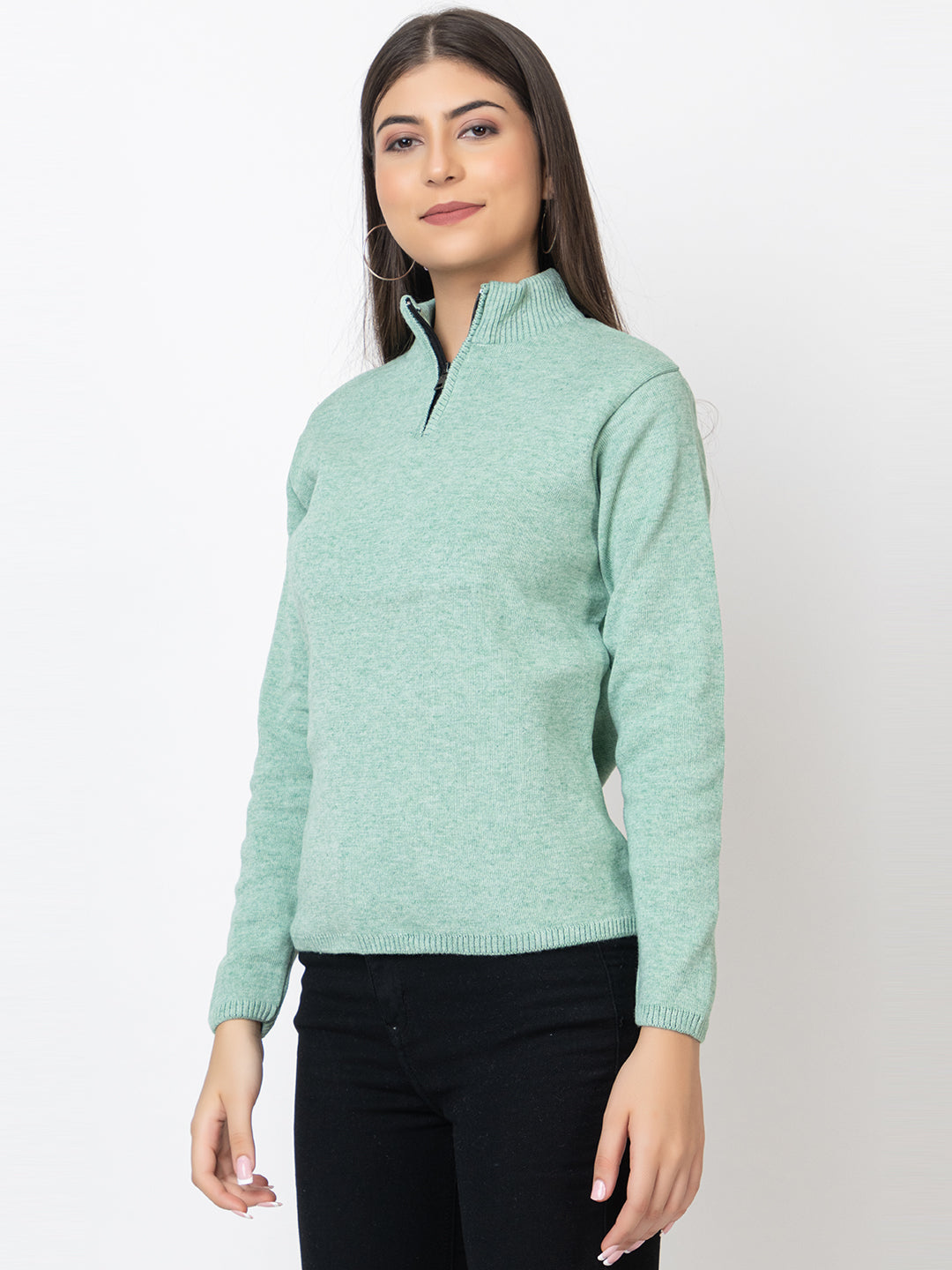 WOMEN HALF ZIPPER PLAIN SWEATER