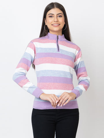 WOMEN HALF ZIPPER STRIPES SWEATER