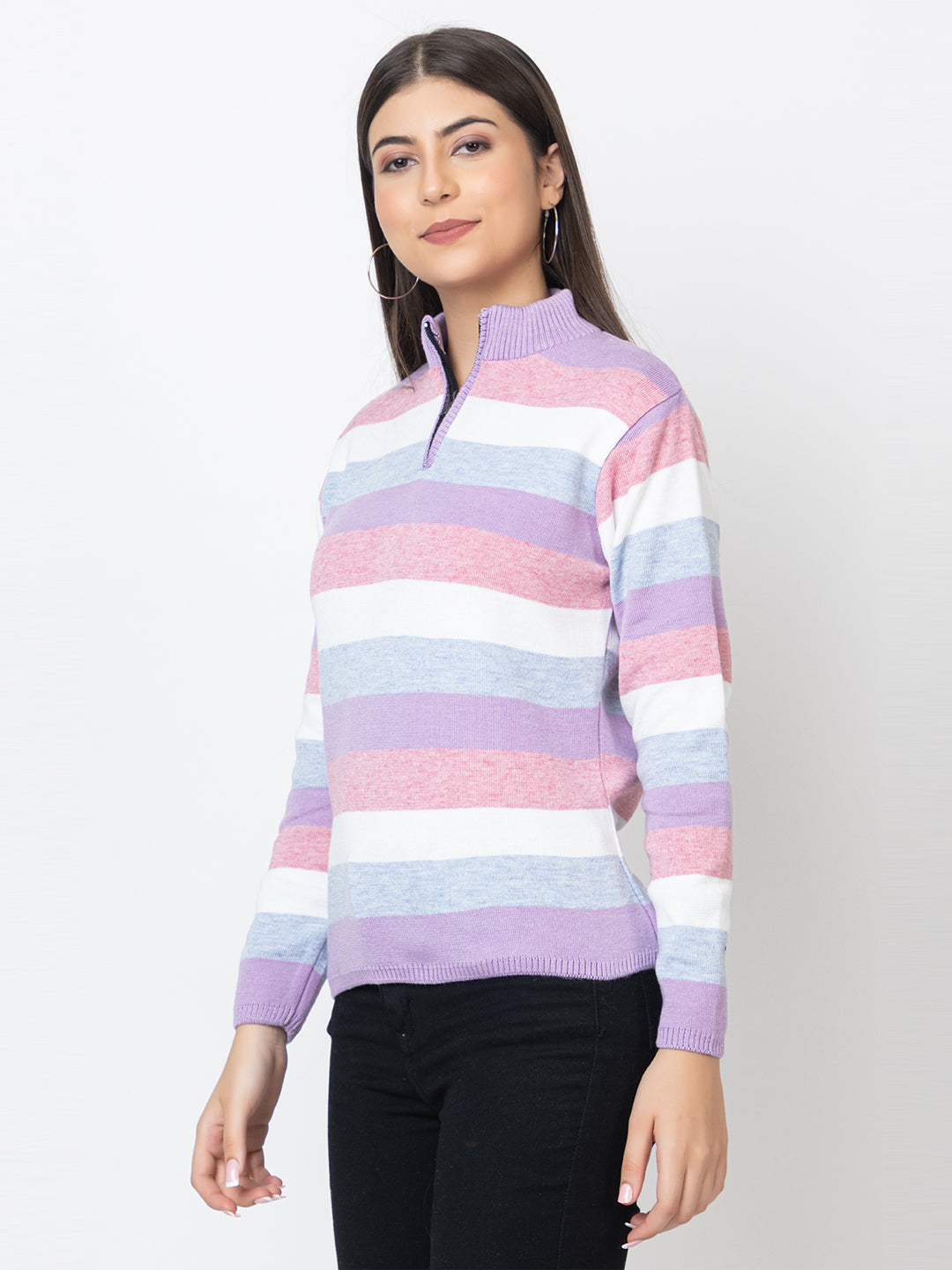 WOMEN HALF ZIPPER STRIPES SWEATER