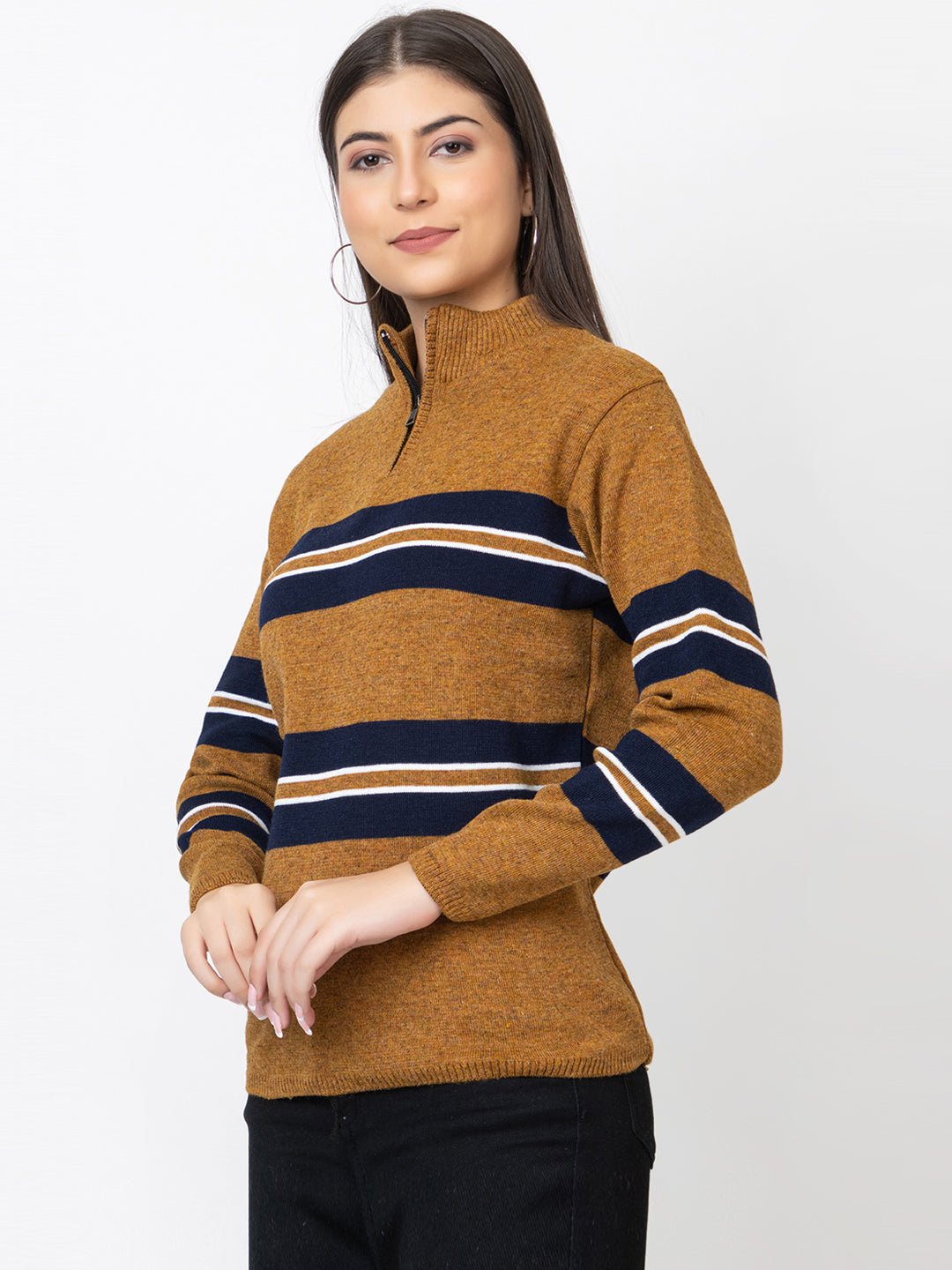 WOMEN HALF ZIPPER STRIPES SWEATER