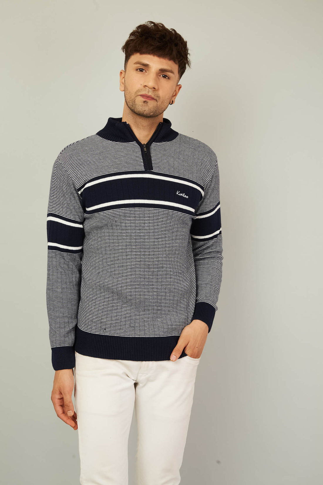 MENS HALF ZIPPER STRIPES SWEATER