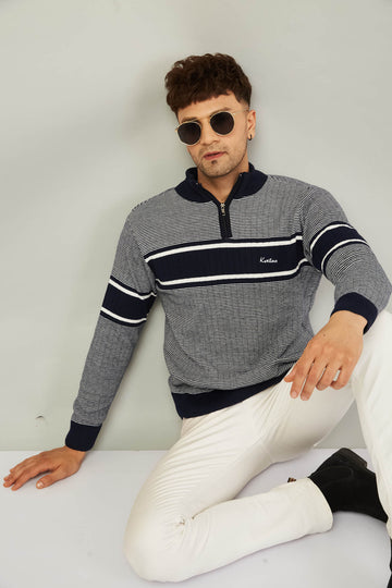 MENS HALF ZIPPER STRIPES SWEATER