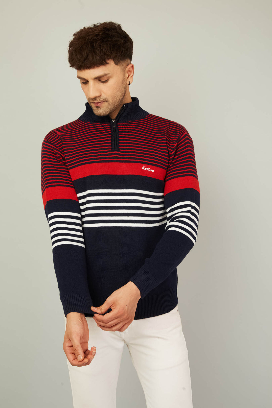 MENS HALF ZIPPER STRIPES SWEATER