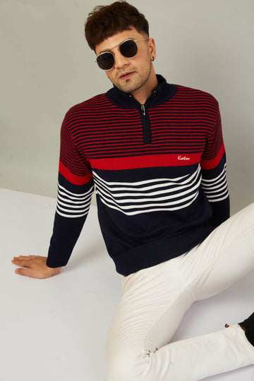 MENS HALF ZIPPER STRIPES SWEATER