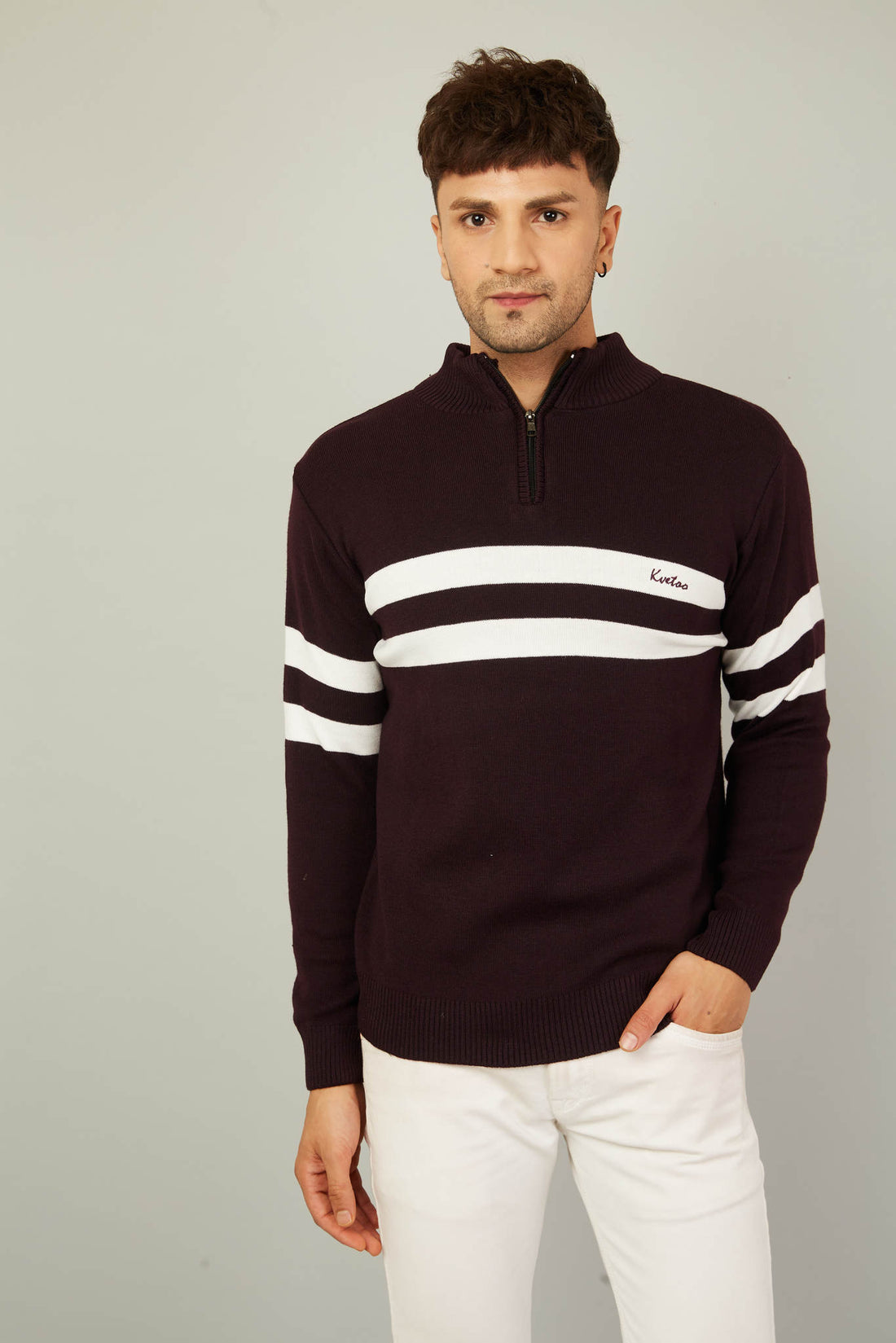 MENS HALF ZIPPER STRIPES SWEATER