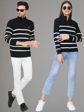 HALF ZIPPER STRIPES SWEATER FOR COUPLE