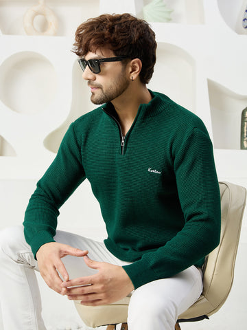 Mens Half Zipper Self Knitted Plain Sweater - Kvetoo