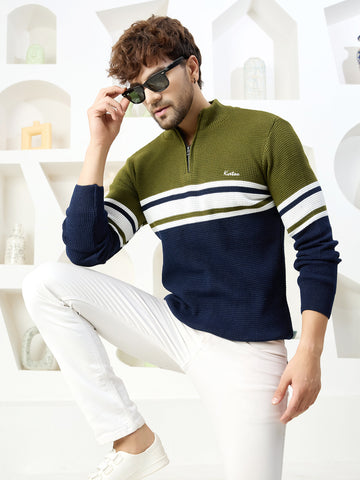 Men's Half Zipper Self Knitted Stripes Sweater - Kvetoo