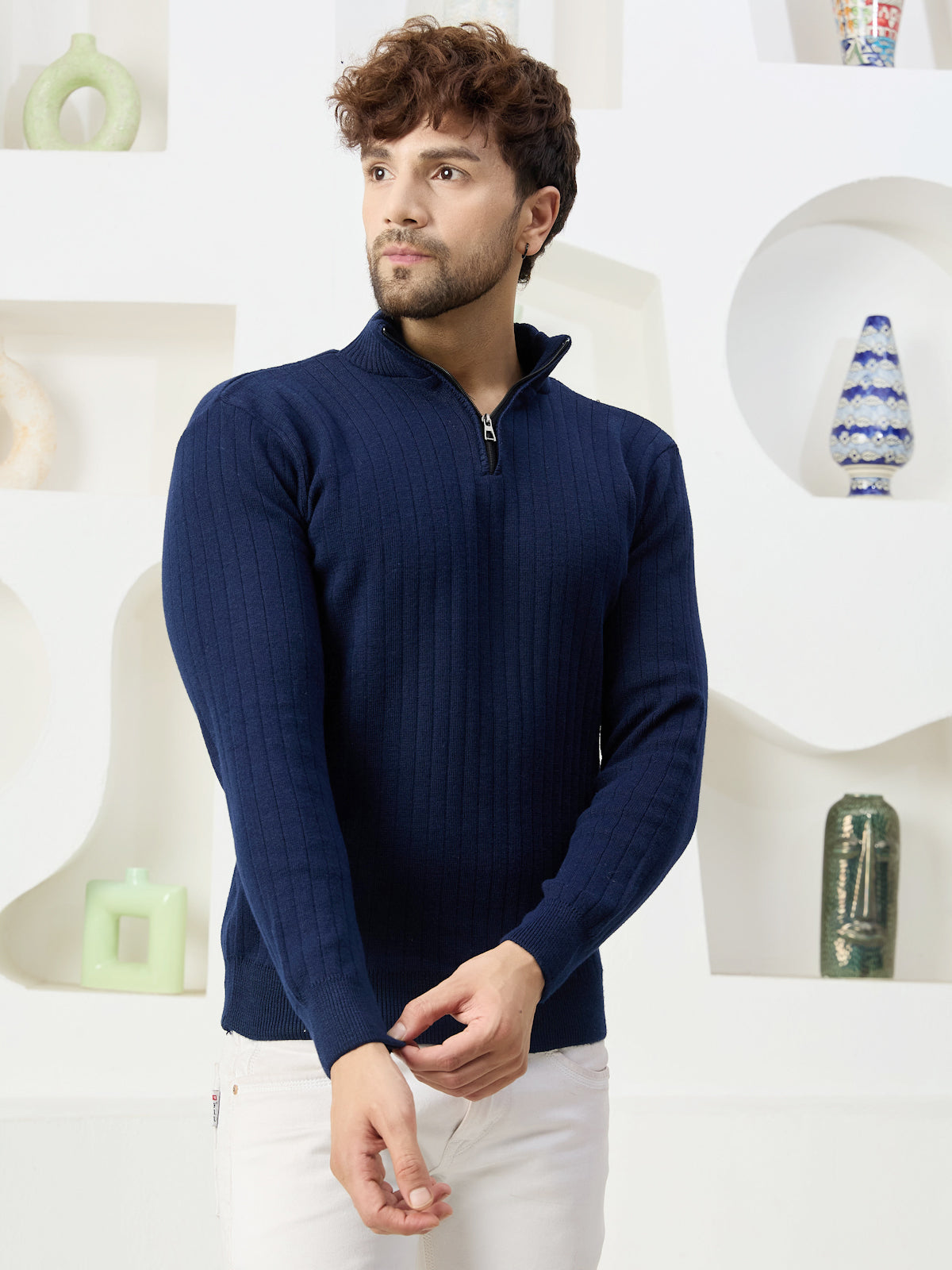 Kvetoo Mens Quarter Zip Self Design Warm Winter Wear Sweater