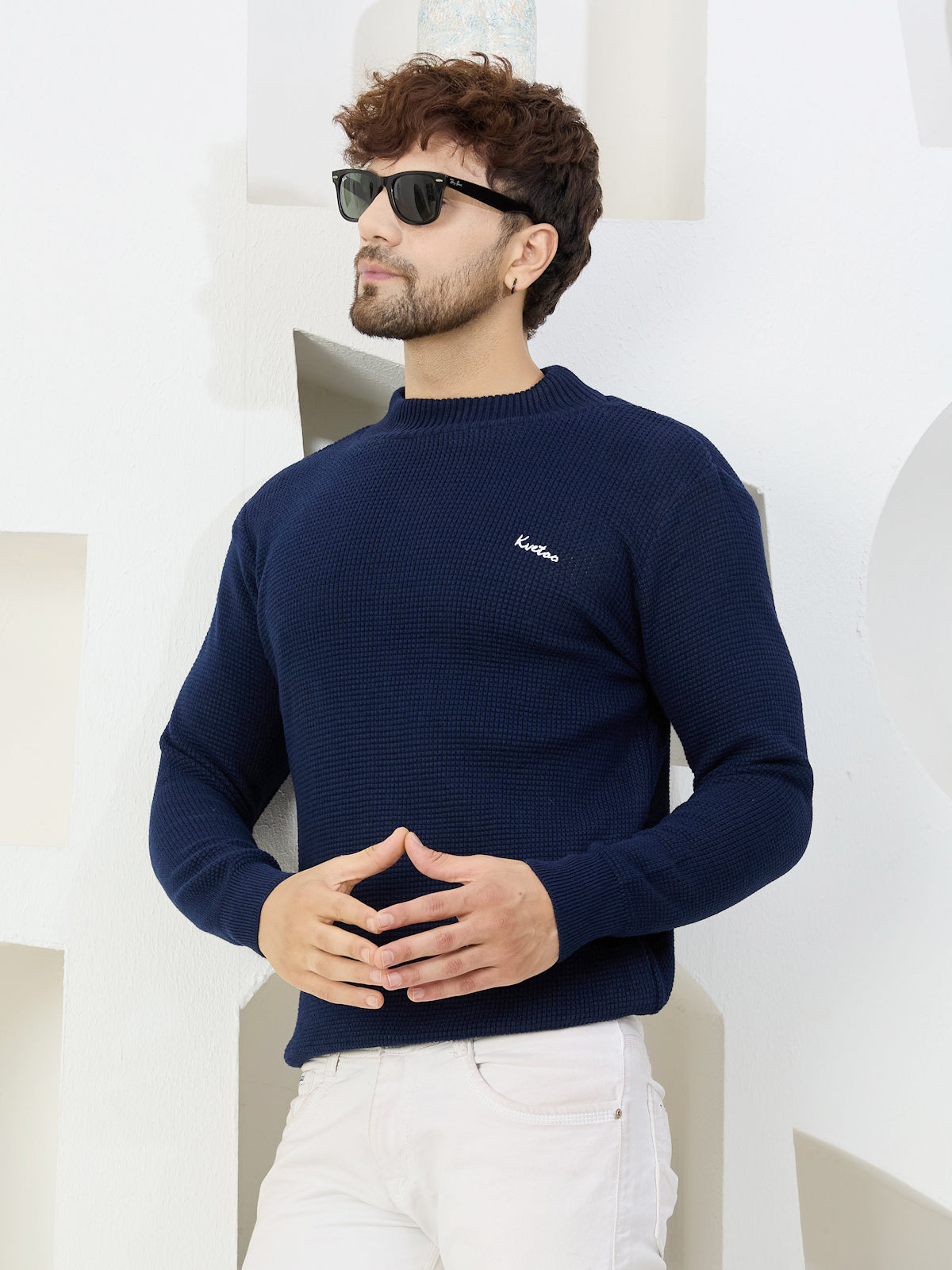 Men's High Neck Self Knitted Plain Sweater