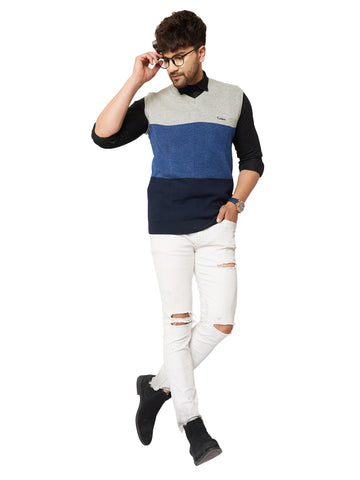 MENS VNECK SLEEVELESS STRIPES SWEATER