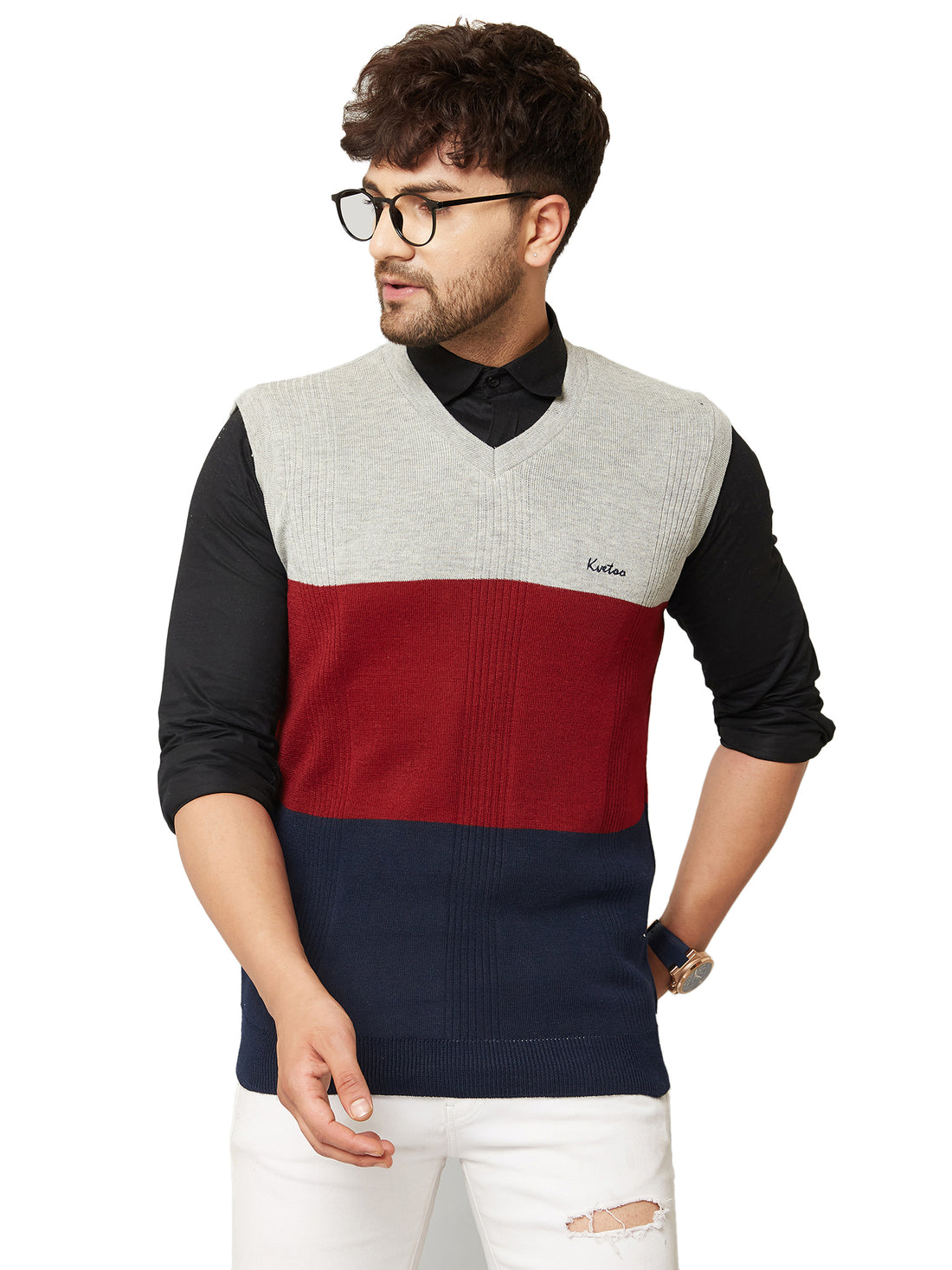 MENS VNECK SLEEVELESS STRIPES SWEATER