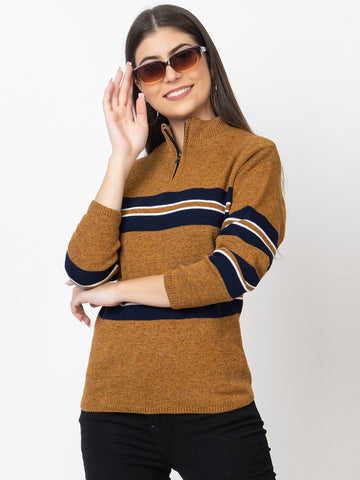 WOMEN HALF ZIPPER STRIPES SWEATER